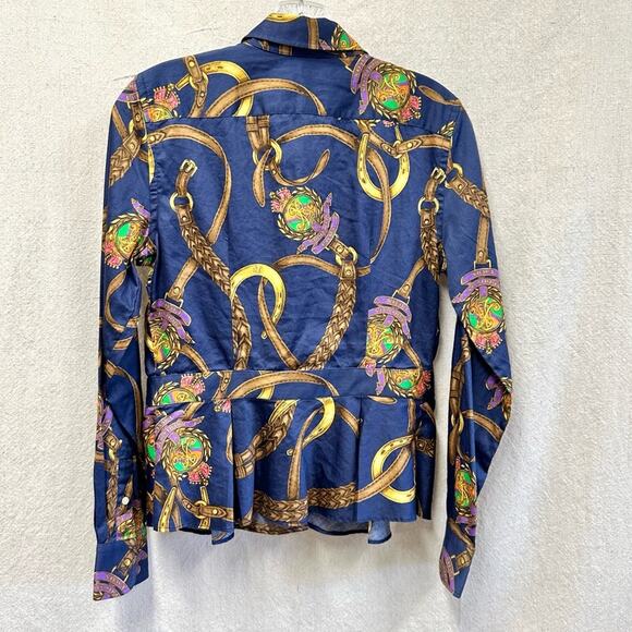 Lauren Ralph Lauren navy equestrian horse bit  button up peplum shirt size 4 - Picture 13 of 16
